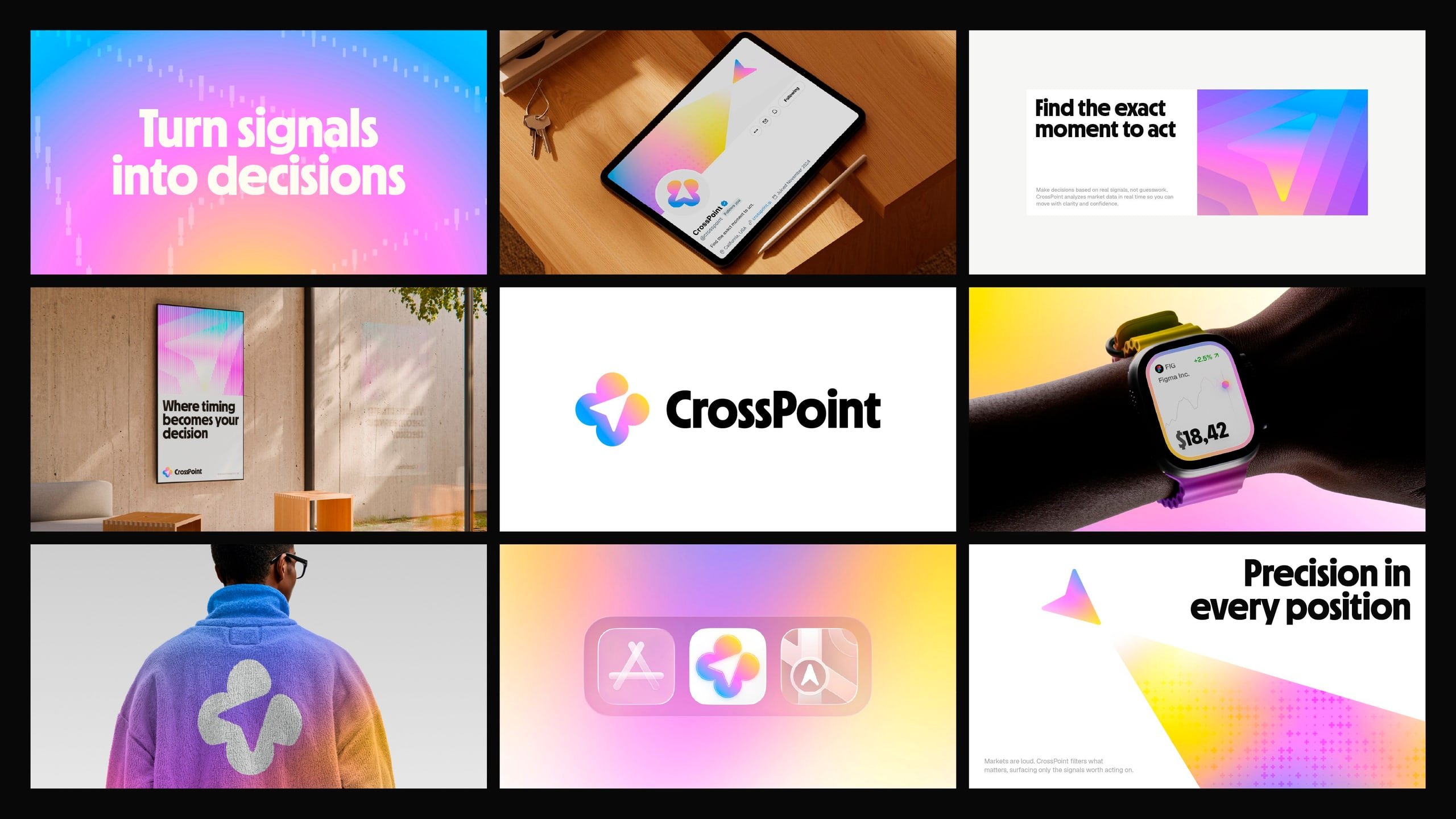 CrossPoint brand identity across posters, apps and a smartwatch