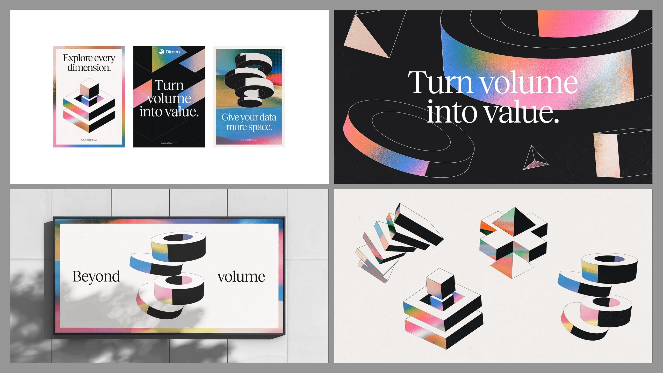 Dimen brand identity on posters, a billboard and abstract 3D shapes